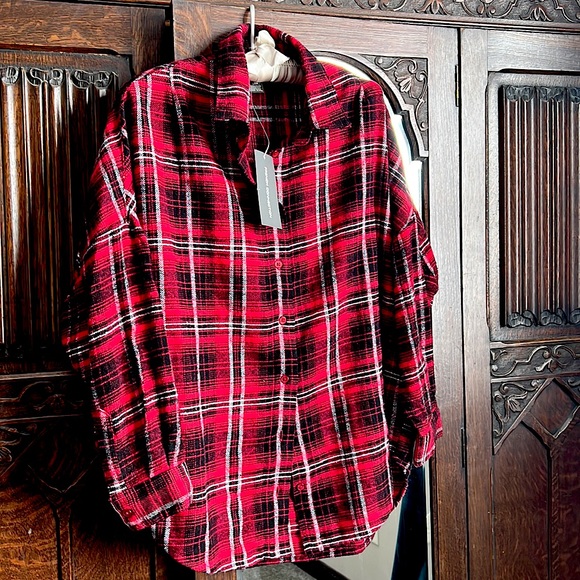 French connection, black and red plaid button up xs - Picture 1 of 6